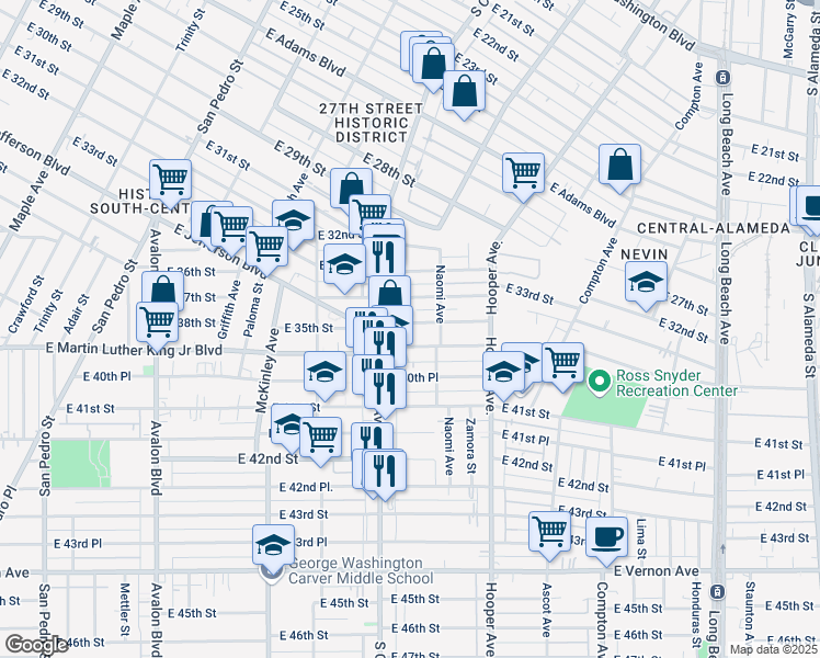 map of restaurants, bars, coffee shops, grocery stores, and more near 1146 East 35th Street in Los Angeles