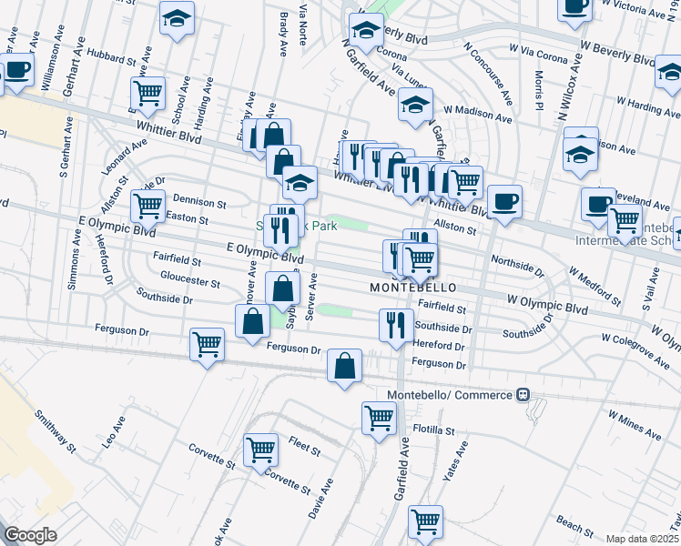 map of restaurants, bars, coffee shops, grocery stores, and more near 6446 Fairfield Street in East Los Angeles