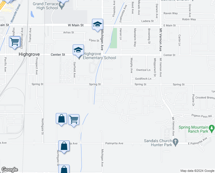 map of restaurants, bars, coffee shops, grocery stores, and more near 7538 Goldenfruit Circle in Riverside