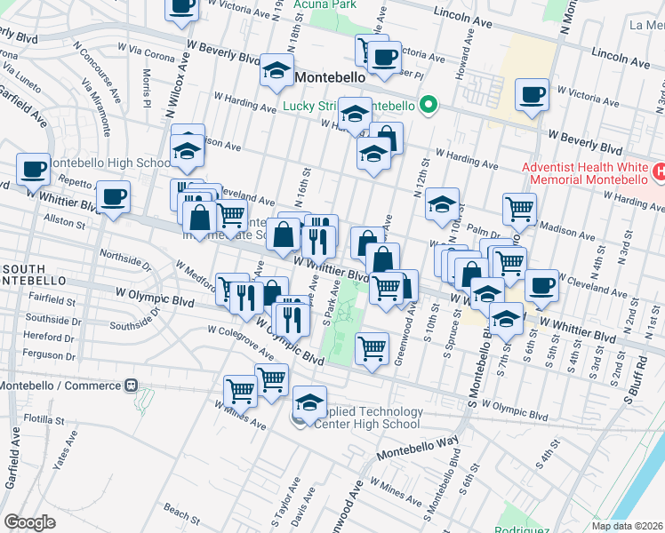 map of restaurants, bars, coffee shops, grocery stores, and more near West Whittier Boulevard in Montebello