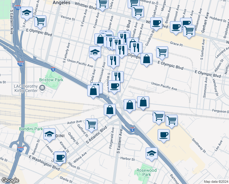 map of restaurants, bars, coffee shops, grocery stores, and more near 1403 South Atlantic Boulevard in East Los Angeles