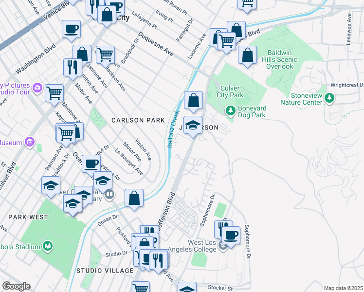 map of restaurants, bars, coffee shops, grocery stores, and more near 10113 Pearson Street in Culver City