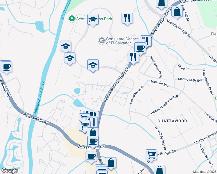 map of restaurants, bars, coffee shops, grocery stores, and more near 4110 Ashford Green Drive in Duluth