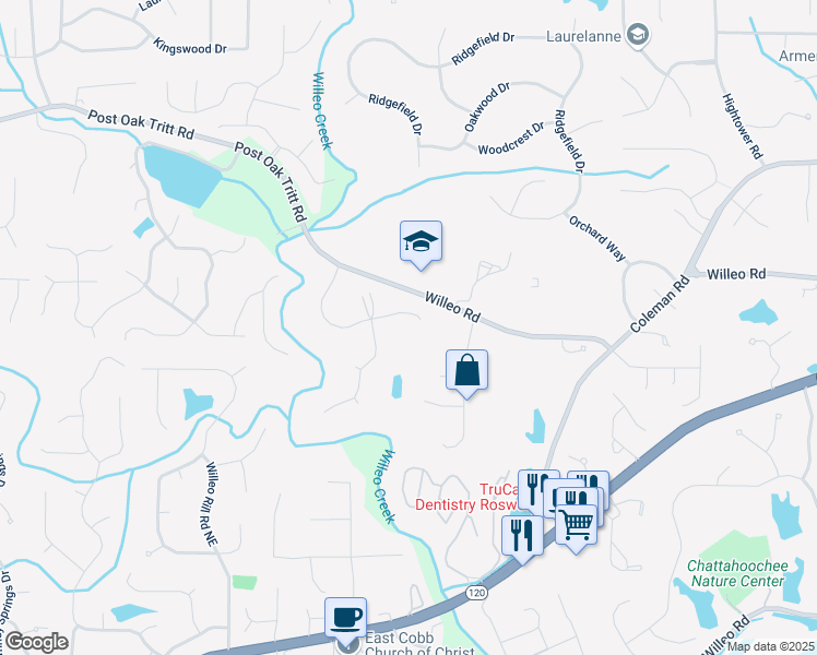 map of restaurants, bars, coffee shops, grocery stores, and more near 270 Boulder Drive in Roswell