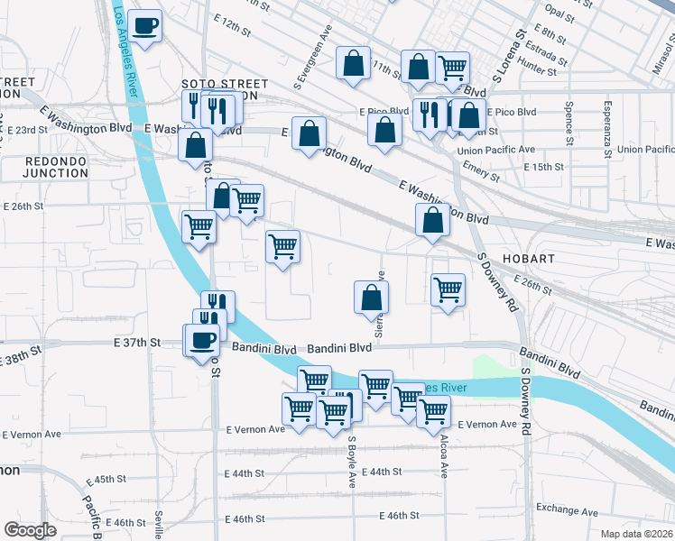 map of restaurants, bars, coffee shops, grocery stores, and more near 3280 East 26th Street in Vernon