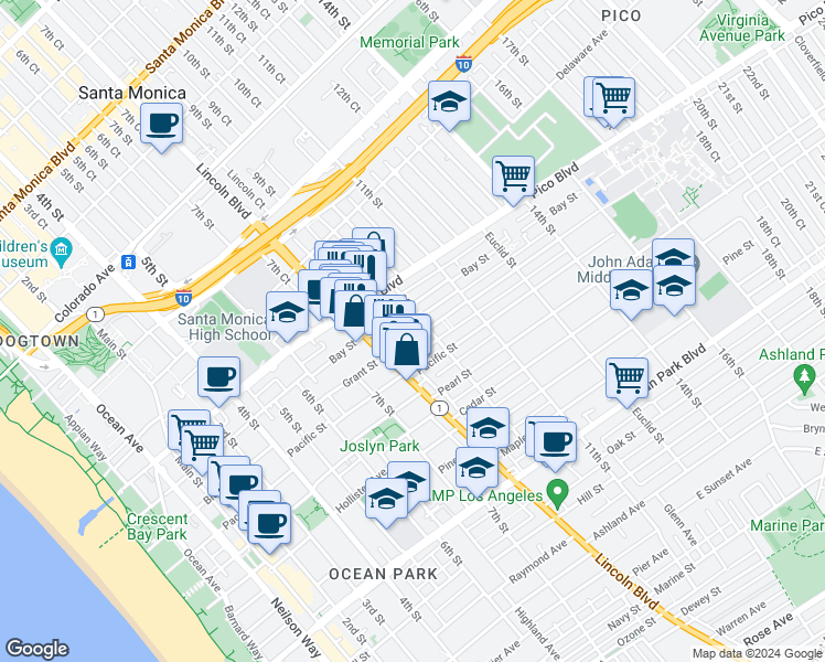 map of restaurants, bars, coffee shops, grocery stores, and more near 1926 10th Street in Santa Monica