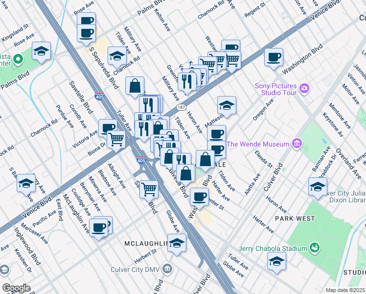 map of restaurants, bars, coffee shops, grocery stores, and more near 3908 Bentley Avenue in Culver City