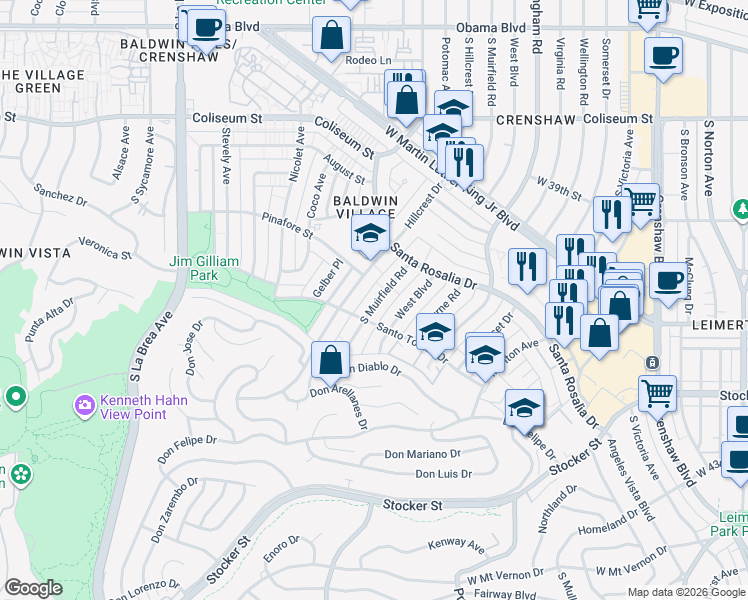 map of restaurants, bars, coffee shops, grocery stores, and more near 4067 South Muirfield Road in Los Angeles