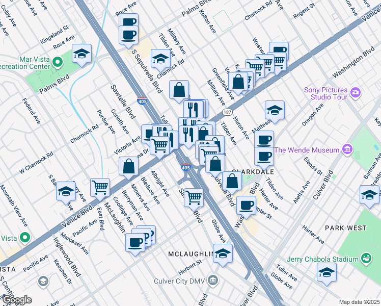 map of restaurants, bars, coffee shops, grocery stores, and more near in Los Angeles