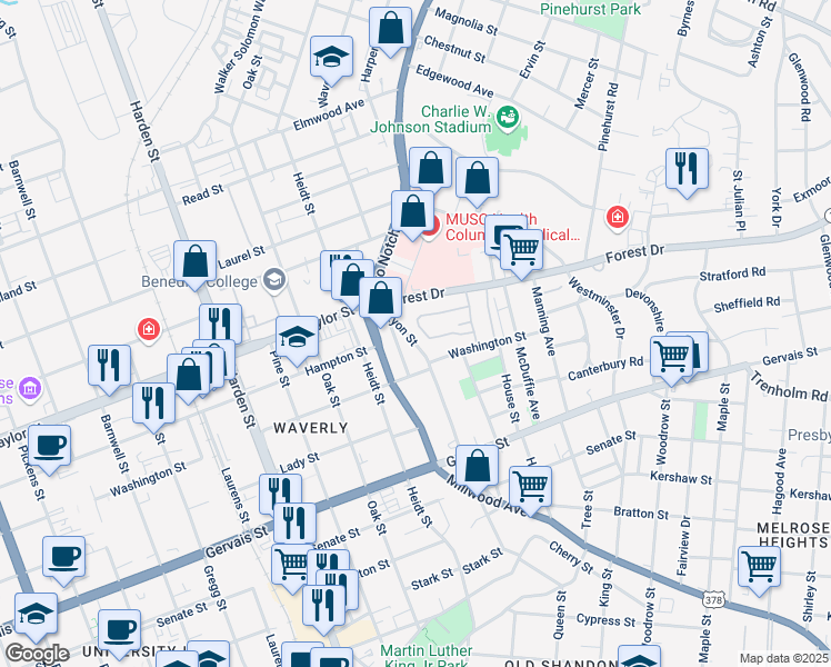 map of restaurants, bars, coffee shops, grocery stores, and more near 2432 Forest Drive in Columbia