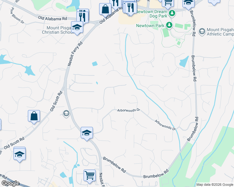 map of restaurants, bars, coffee shops, grocery stores, and more near 100 Farewell Lane in Alpharetta