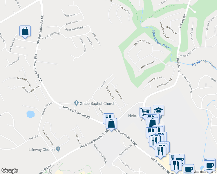 map of restaurants, bars, coffee shops, grocery stores, and more near 791 Valla Crucis Lane in Dacula