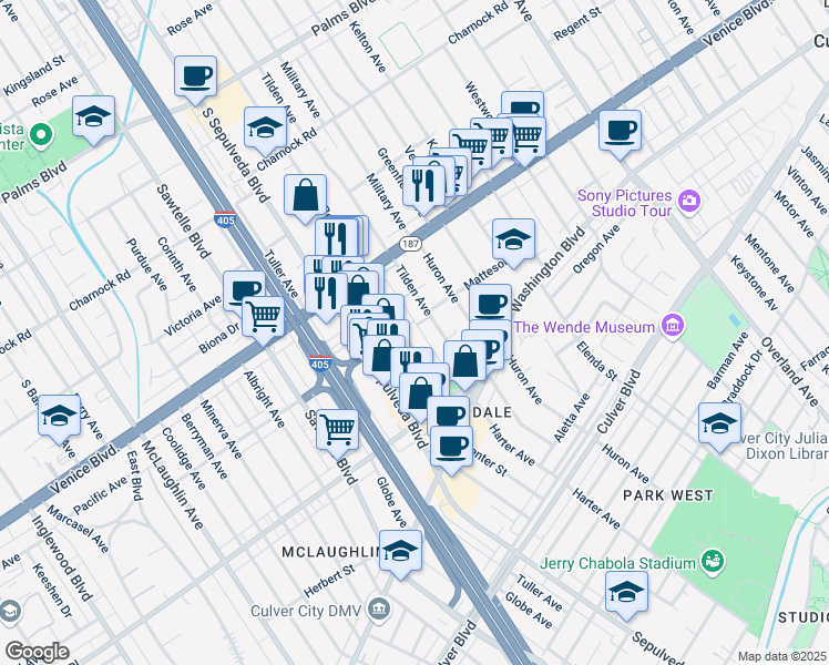 map of restaurants, bars, coffee shops, grocery stores, and more near 3908 Bentley Avenue in Culver City