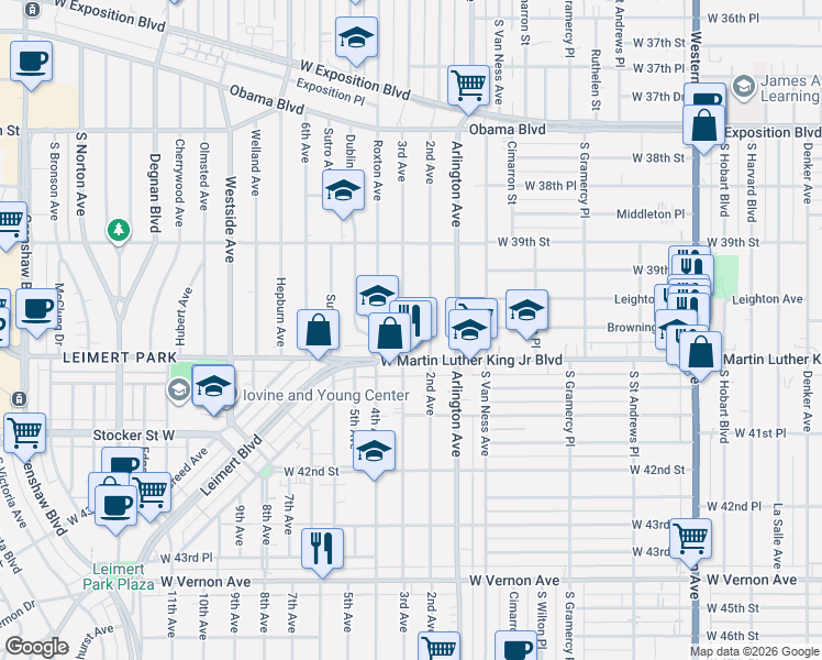map of restaurants, bars, coffee shops, grocery stores, and more near 3954 3rd Avenue in Los Angeles