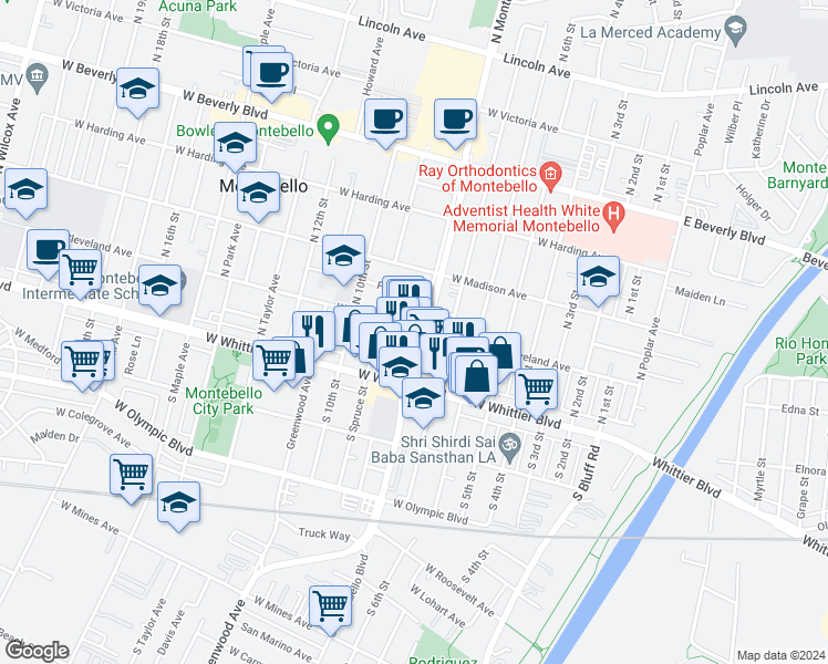 map of restaurants, bars, coffee shops, grocery stores, and more near 825 Palm Place in Montebello