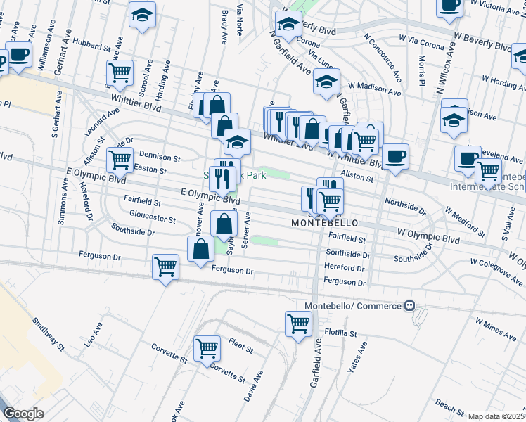 map of restaurants, bars, coffee shops, grocery stores, and more near 6438 East Easton Street in East Los Angeles