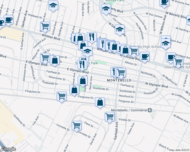 map of restaurants, bars, coffee shops, grocery stores, and more near 6405 East Olympic Boulevard in East Los Angeles