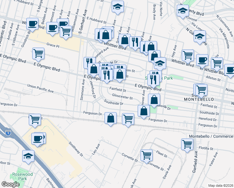 map of restaurants, bars, coffee shops, grocery stores, and more near 6077 Fairfield Street in East Los Angeles