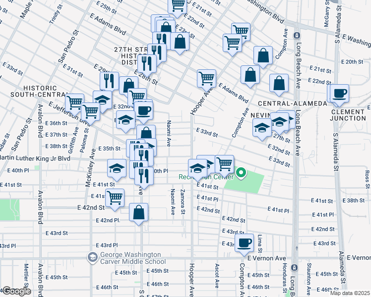 map of restaurants, bars, coffee shops, grocery stores, and more near 1270 East 34th Street in Los Angeles