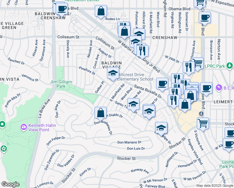 map of restaurants, bars, coffee shops, grocery stores, and more near 4045 Muirfield Road South in Los Angeles