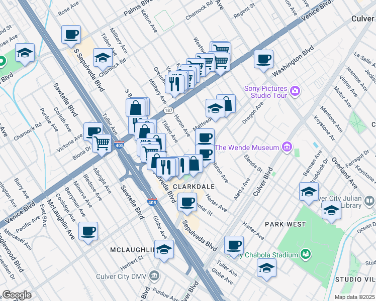 map of restaurants, bars, coffee shops, grocery stores, and more near 11046 Matteson Avenue in Culver City