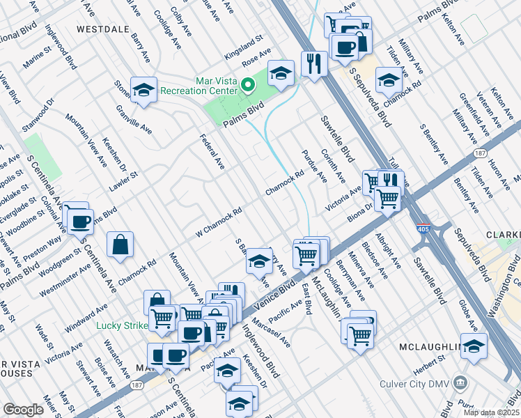 map of restaurants, bars, coffee shops, grocery stores, and more near 3563 McLaughlin Avenue in Los Angeles