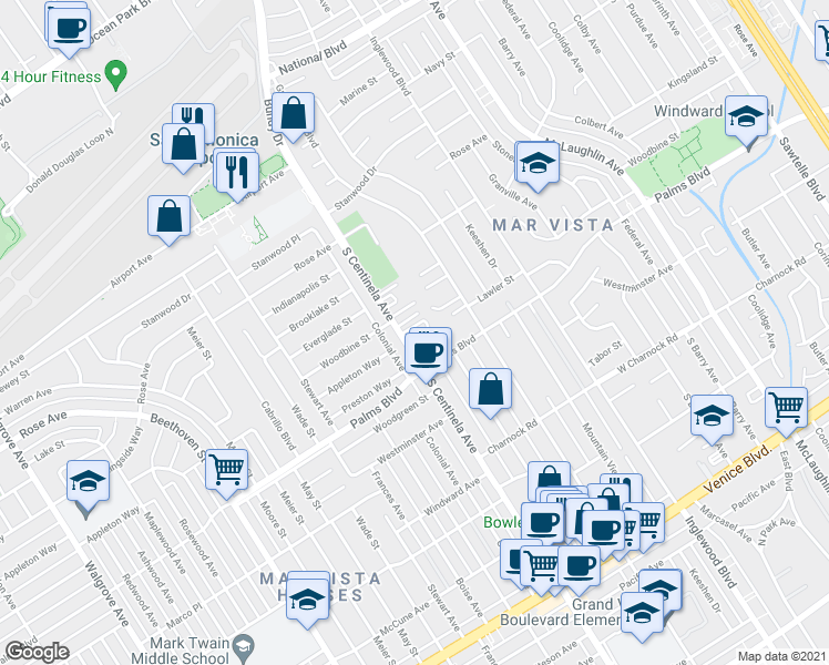map of restaurants, bars, coffee shops, grocery stores, and more near 12231 Lawler Street in Los Angeles
