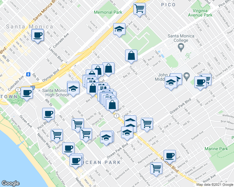 map of restaurants, bars, coffee shops, grocery stores, and more near 1027 Grant Street in Santa Monica