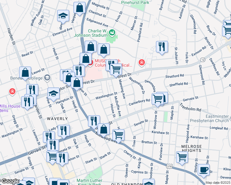 map of restaurants, bars, coffee shops, grocery stores, and more near 1512 McDuffie Avenue in Columbia