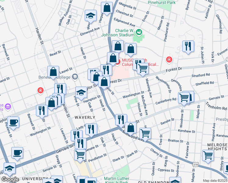 map of restaurants, bars, coffee shops, grocery stores, and more near 2432 Forest Drive in Columbia