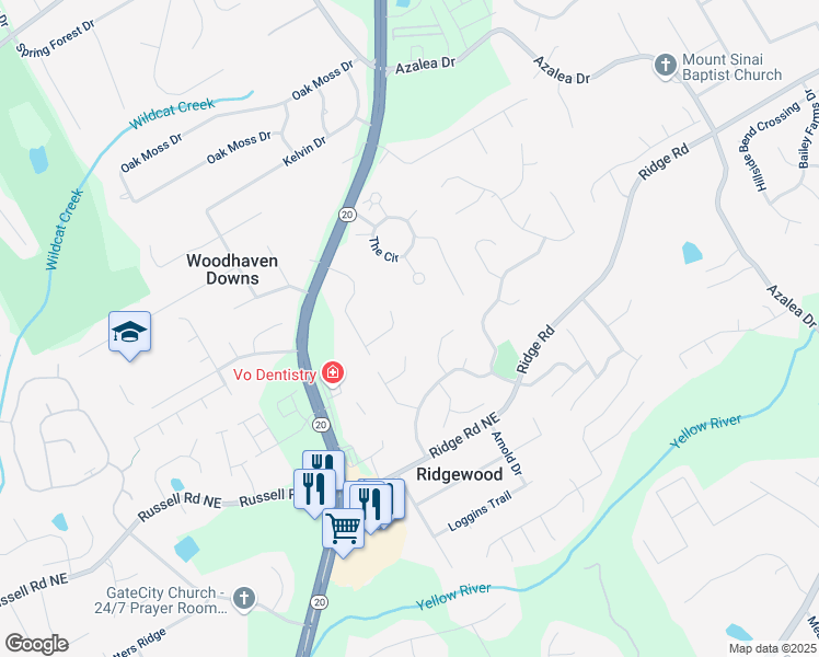 map of restaurants, bars, coffee shops, grocery stores, and more near 731 Sacketts Court in Lawrenceville