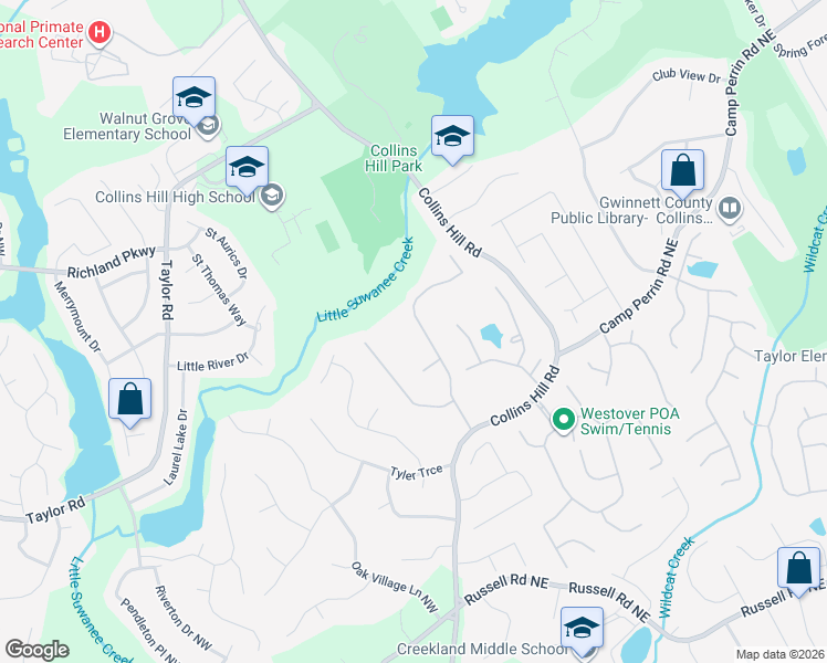 map of restaurants, bars, coffee shops, grocery stores, and more near 2150 Wildcat Cliffs Way in Lawrenceville