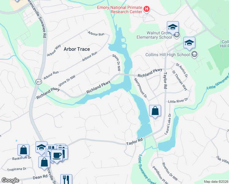 map of restaurants, bars, coffee shops, grocery stores, and more near 325 Lake Bluff Court in Suwanee