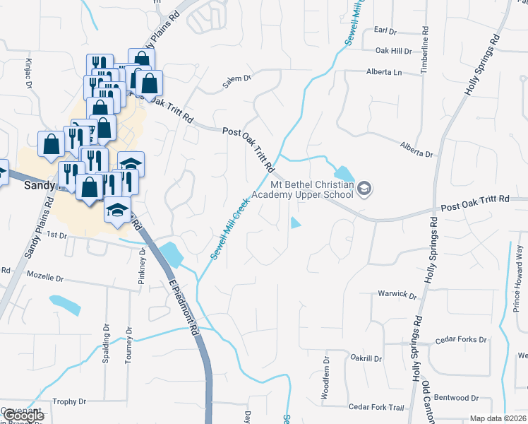map of restaurants, bars, coffee shops, grocery stores, and more near 2562 Oak Village Place Northeast in Marietta