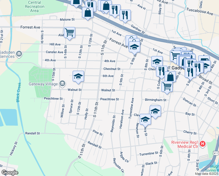 map of restaurants, bars, coffee shops, grocery stores, and more near 1011 7th Avenue in Gadsden