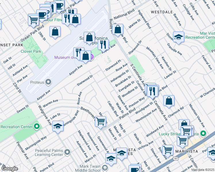 map of restaurants, bars, coffee shops, grocery stores, and more near 12662 Rose Avenue in Los Angeles
