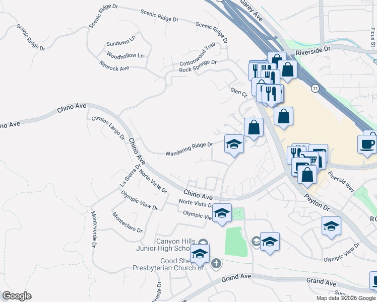 map of restaurants, bars, coffee shops, grocery stores, and more near 2395 Wandering Ridge Drive in Chino Hills