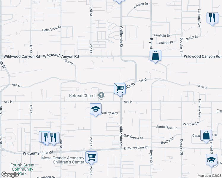 map of restaurants, bars, coffee shops, grocery stores, and more near 35029 Avenue G in Yucaipa