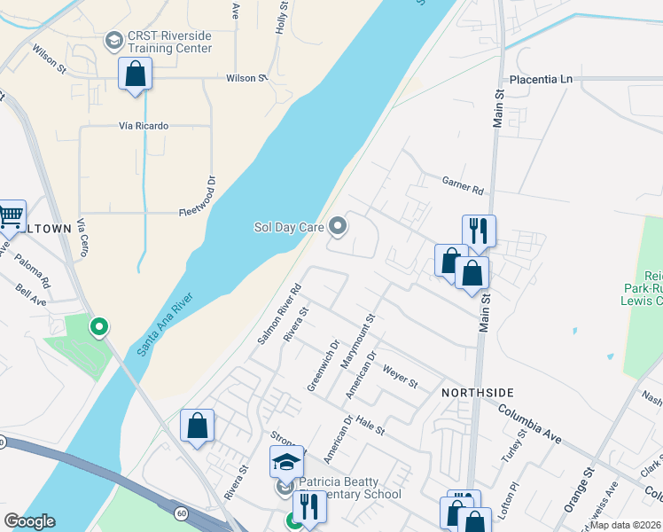 map of restaurants, bars, coffee shops, grocery stores, and more near 4499 Banana Grove in Riverside