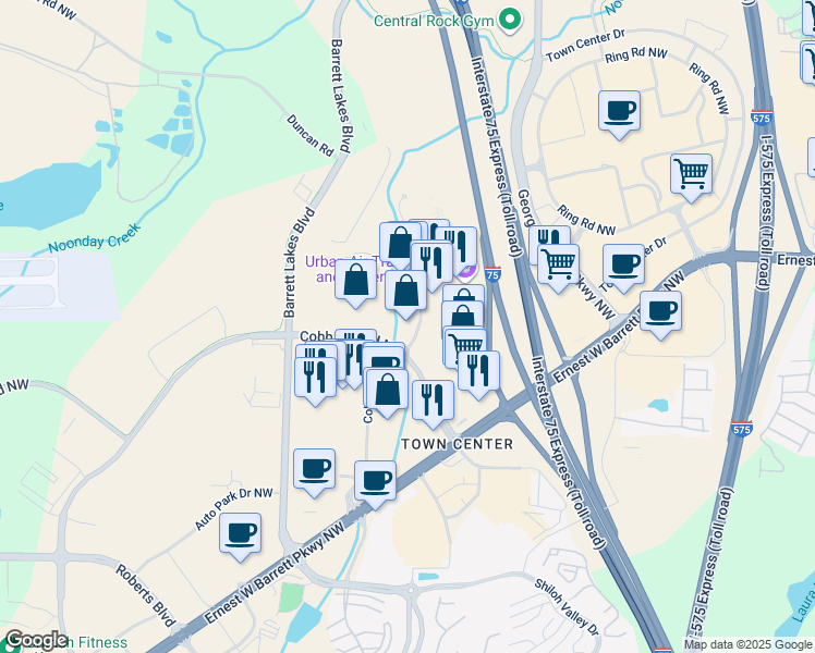 map of restaurants, bars, coffee shops, grocery stores, and more near 2500 Cobb Place Lane Northwest in Kennesaw