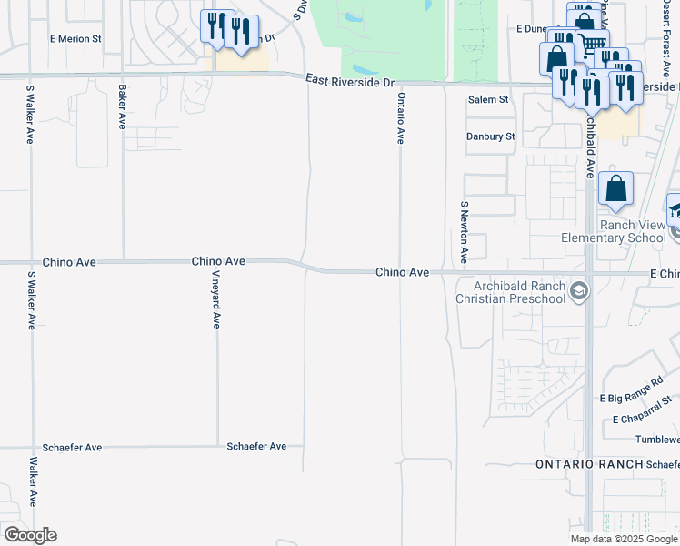 map of restaurants, bars, coffee shops, grocery stores, and more near 9145 Chino Avenue in Ontario