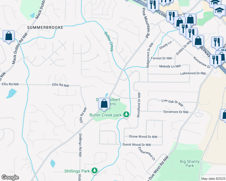 map of restaurants, bars, coffee shops, grocery stores, and more near 2737 Pine Mountain Road Northwest in Kennesaw
