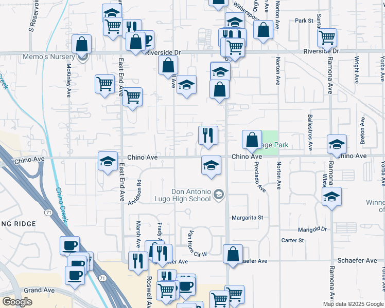 map of restaurants, bars, coffee shops, grocery stores, and more near 3968 Chino Avenue in Chino