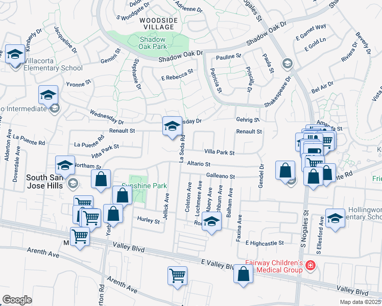 map of restaurants, bars, coffee shops, grocery stores, and more near 18618 Villa Park Street in La Puente