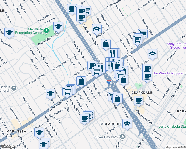 map of restaurants, bars, coffee shops, grocery stores, and more near 3763 Sawtelle Boulevard in Los Angeles
