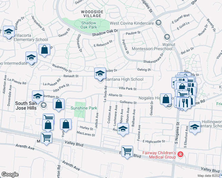 map of restaurants, bars, coffee shops, grocery stores, and more near 18618 Villa Park Street in La Puente