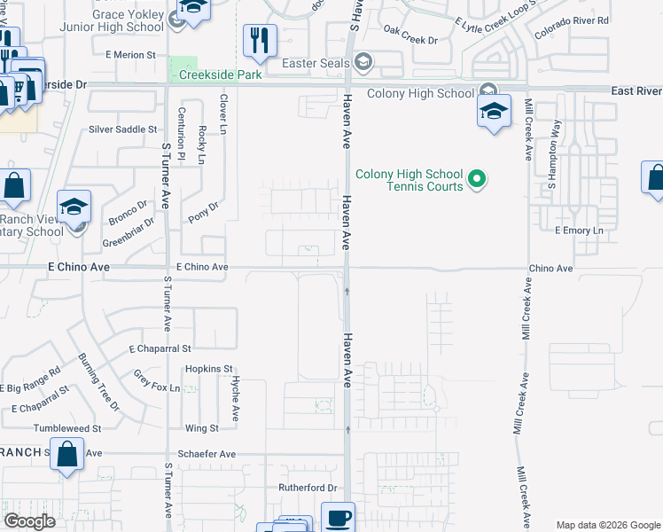 map of restaurants, bars, coffee shops, grocery stores, and more near 13210 Haven Avenue in Ontario