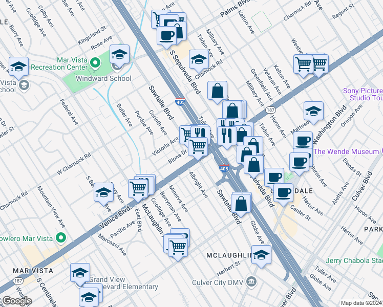 map of restaurants, bars, coffee shops, grocery stores, and more near 3763 Sawtelle Boulevard in Los Angeles