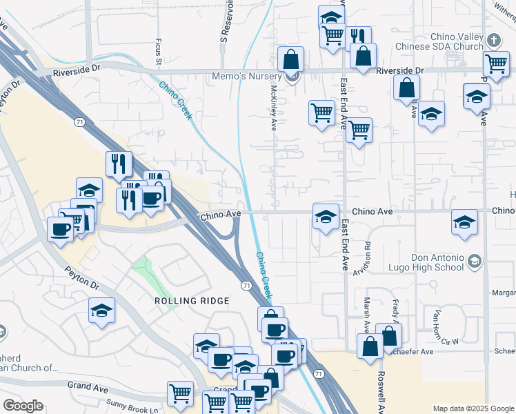 map of restaurants, bars, coffee shops, grocery stores, and more near 3460 Chino Avenue in Chino