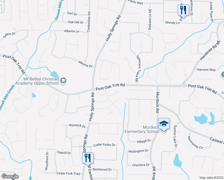 map of restaurants, bars, coffee shops, grocery stores, and more near 2794 Post Oak Tritt Road in Marietta